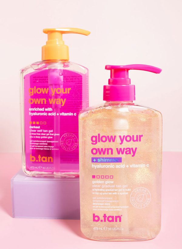 a bottle of b.tan glow your own way next to a bottle of b.tan glow your own way shimmer