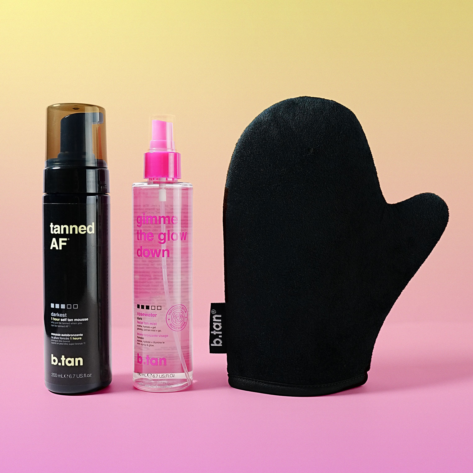 tanned AF self tan mousse, gimme the glow down facial tan mist, and application mitt bundle